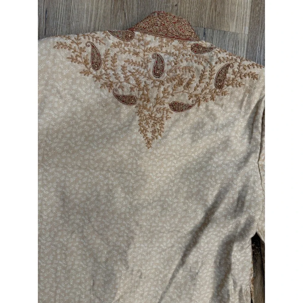 Sherwani Long Coat Mens 38 Cream Gold Paisley Embroidered Bollywood Desi Groom